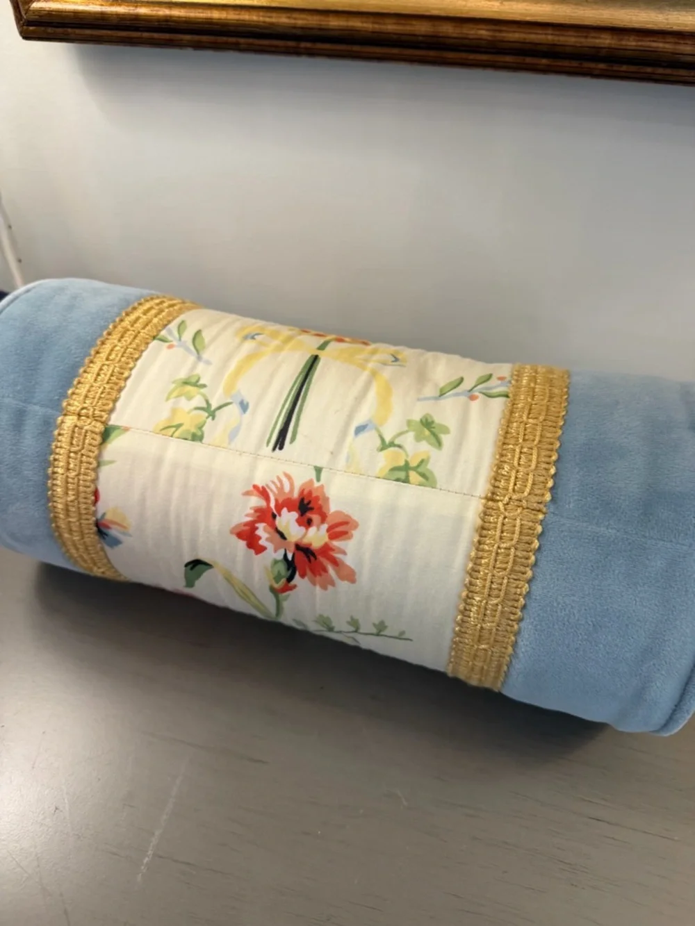 Vintage Bolster Pillow Floral Chintz & Blue Velvet Fabric Gold Trim Button Ends - Picture 6 of 9